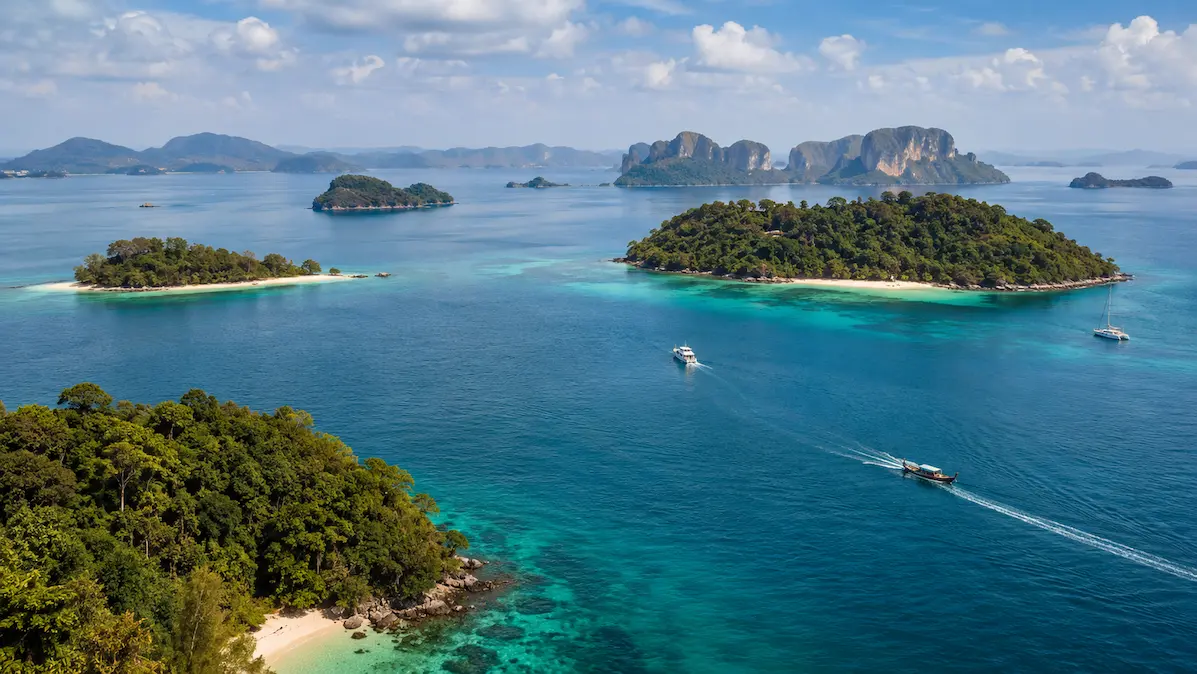Aerial view of tropical islands near Phuket in Thailand’s Andaman Sea