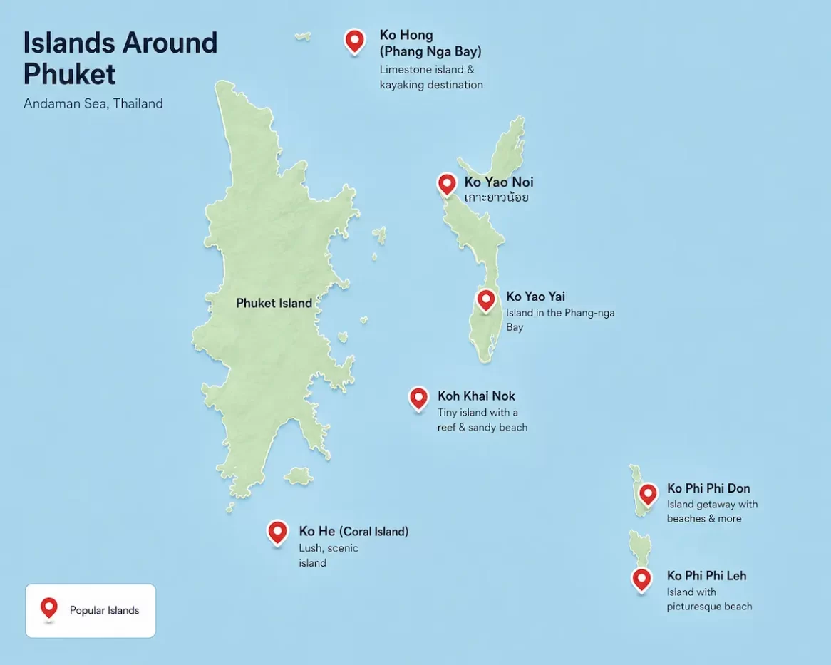 Map showing popular islands around Phuket in Thailand’s Andaman Sea