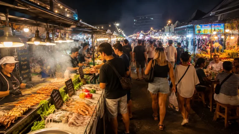 Busy Phuket night market with seafood stalls, street food vendors, and evening crowds in Thailand
