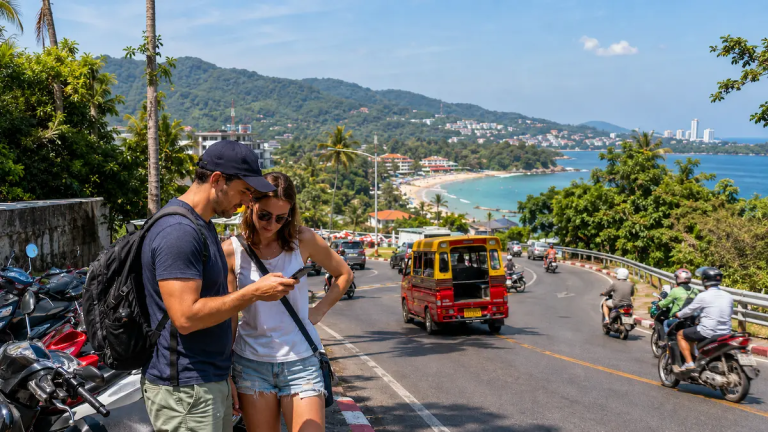 First-time visitors checking a phone map beside a busy coastal road in Phuket Thailand