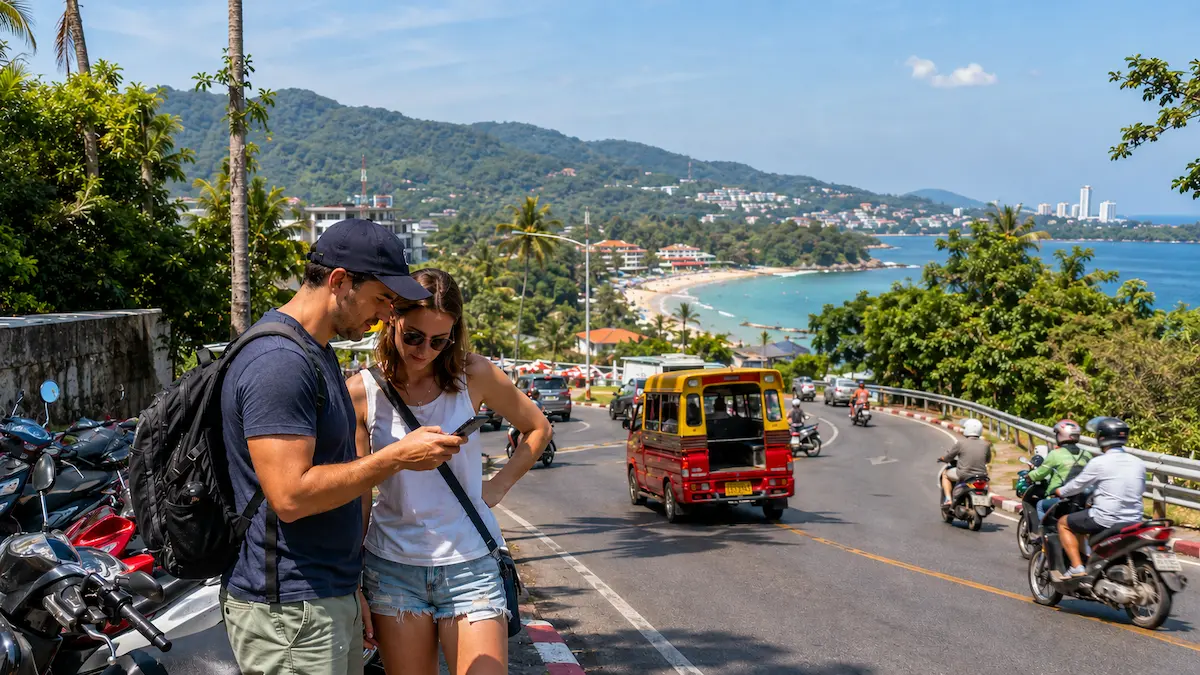 First-time visitors checking a phone map beside a busy coastal road in Phuket Thailand