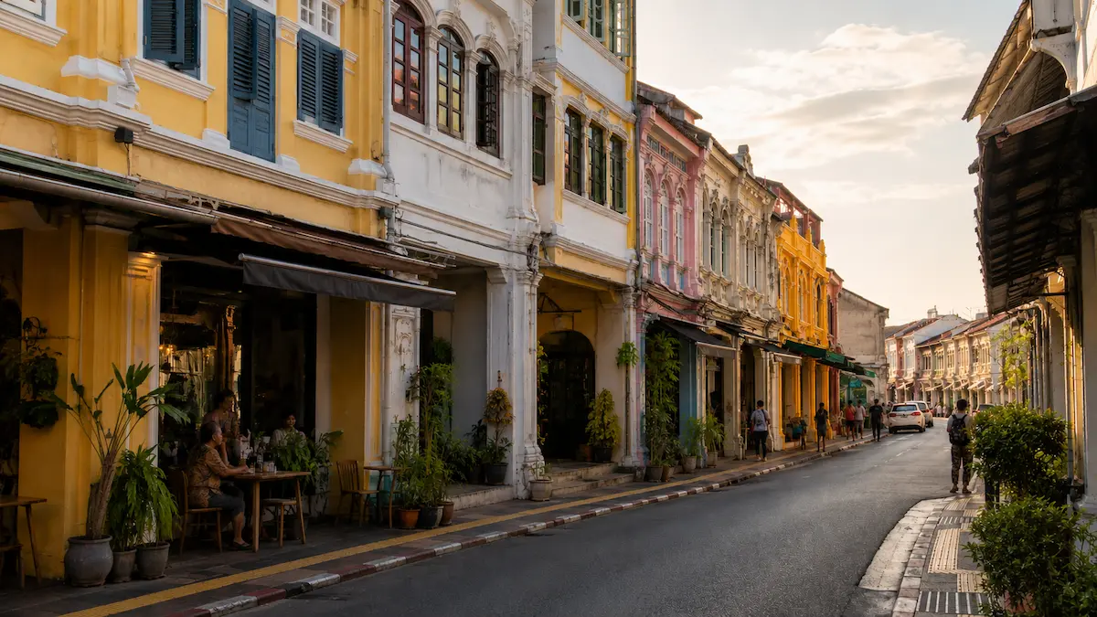 Historic Sino-Portuguese street and cafés in Phuket Old Town Thailand