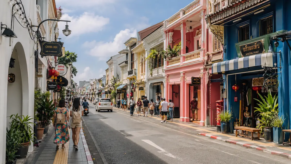 Phuket travel guide showing Old Town street with colourful buildings, shops and tourists walking during the day