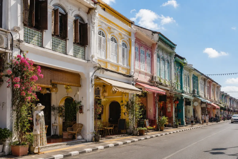 Colourful Sino-Portuguese buildings along Thalang Road in Phuket Old Town