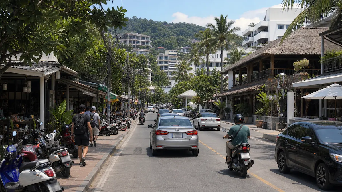 Phuket transport costs shown through scooters, cars, and travellers moving along a busy street with shops and cafés