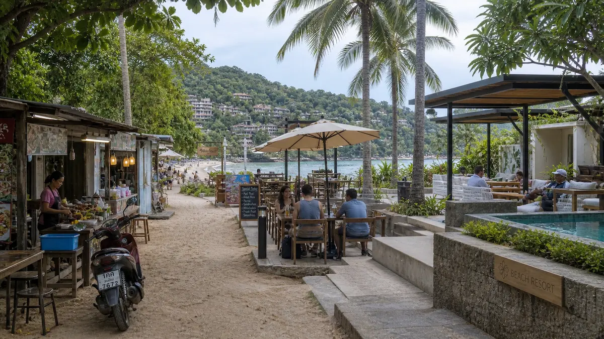 Phuket travel costs shown through street food stall, beach café dining, and resort restaurant by the beach