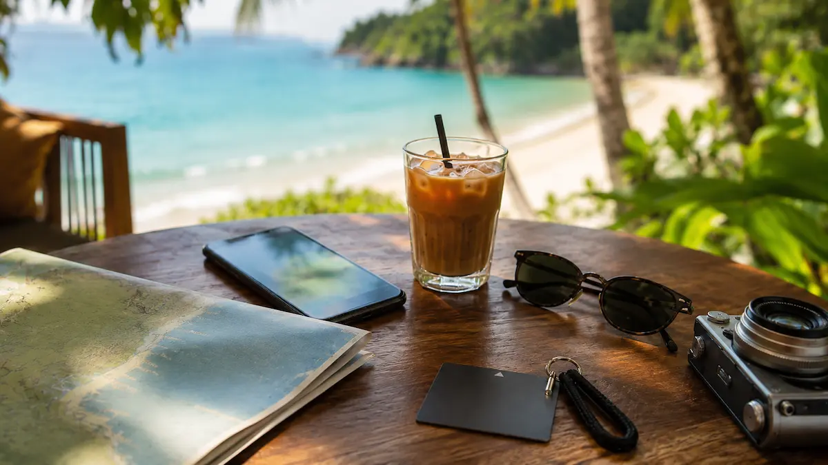 Travel planning scene at a Phuket beach cafe with a map, iced coffee, sunglasses, phone and camera overlooking a tropical beach.