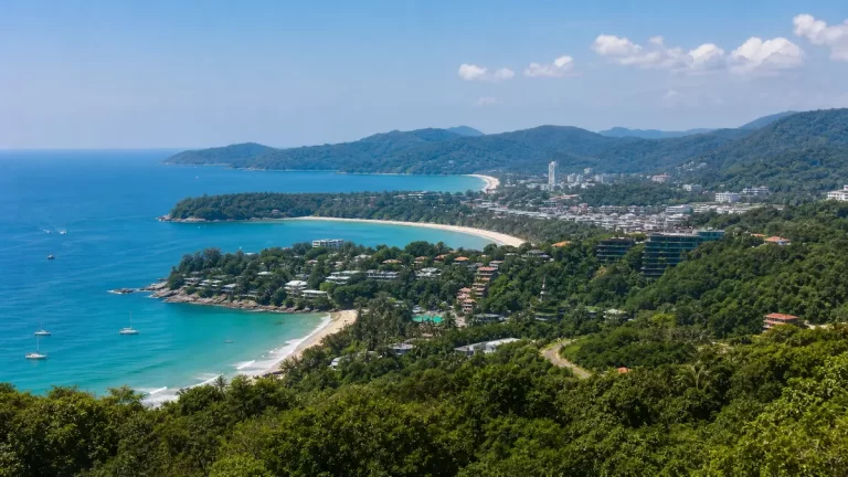 Phuket coastline overview showing beaches, towns and hills for trip plannin