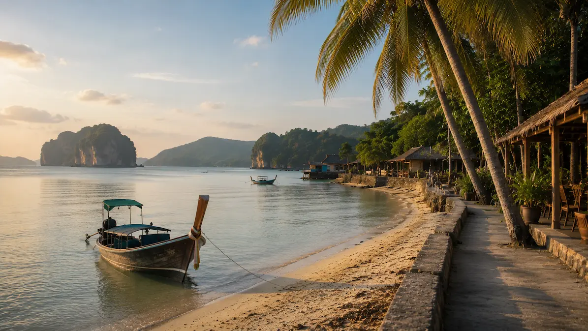 Quiet tropical island shoreline near Phuket during sunset in Thailand