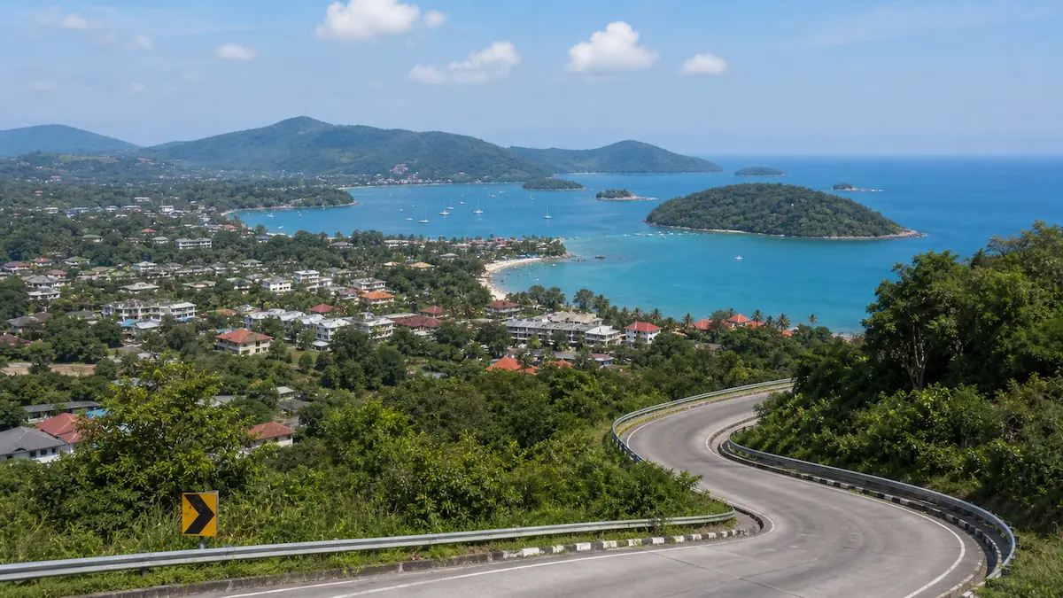 View of Rawai and Nai Harn coastline in Phuket showing layout coastal town and surrounding islands