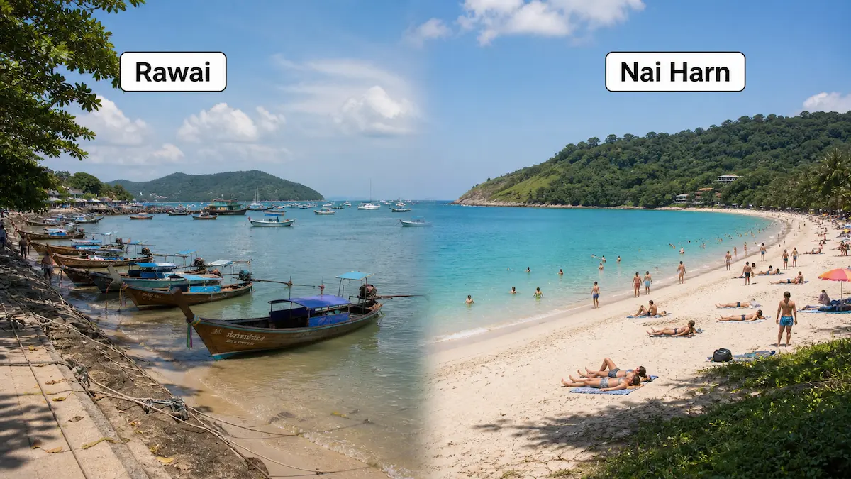 Rawai waterfront with longtail boats compared to Nai Harn beach with swimmers in Phuket