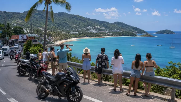 Tourists photographing a Phuket coastal viewpoint beside busy roadside traffic in Thailand