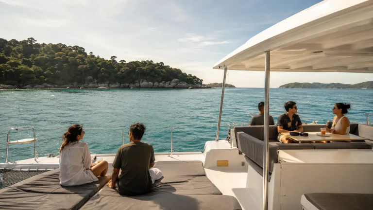 Relaxed Coral and Racha catamaran island tour from Phuket with calm cruising and spacious onboard atmosphere