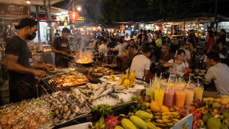 Thai street food and grilled seafood at a busy Phuket night market in Thailand