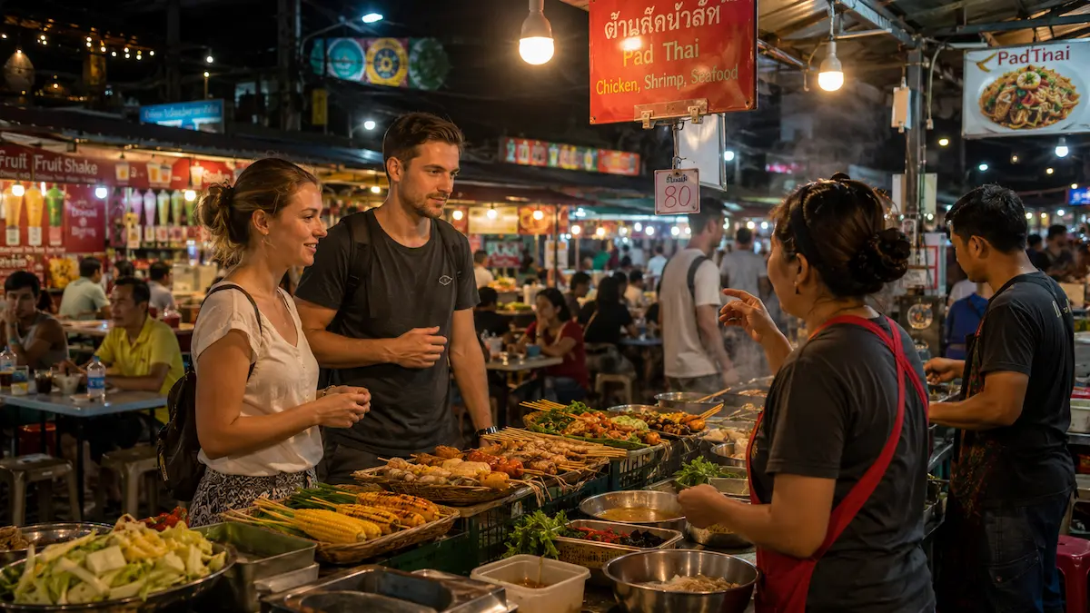 Tourists ordering Thai street food respectfully at a busy night market in Thailand