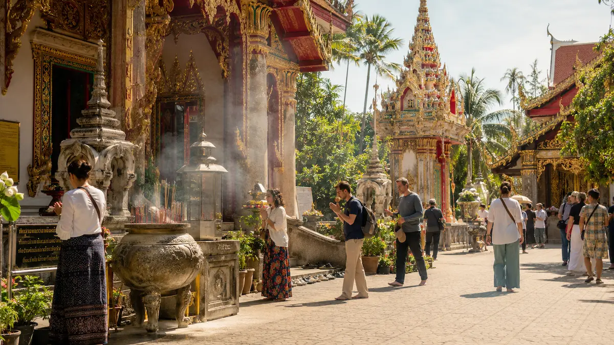 Tourists visiting a Thai temple respectfully in Thailand with incense and traditional architecture