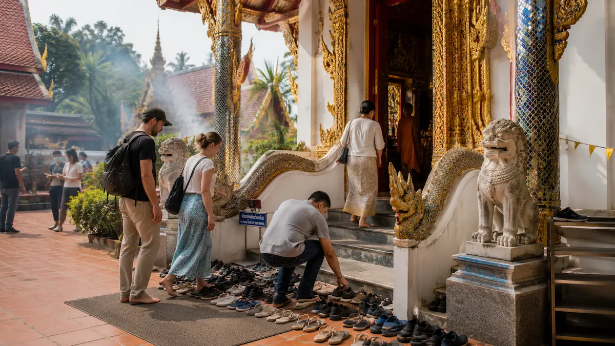 Tourists removing shoes before entering a traditional Thai temple in Thailand